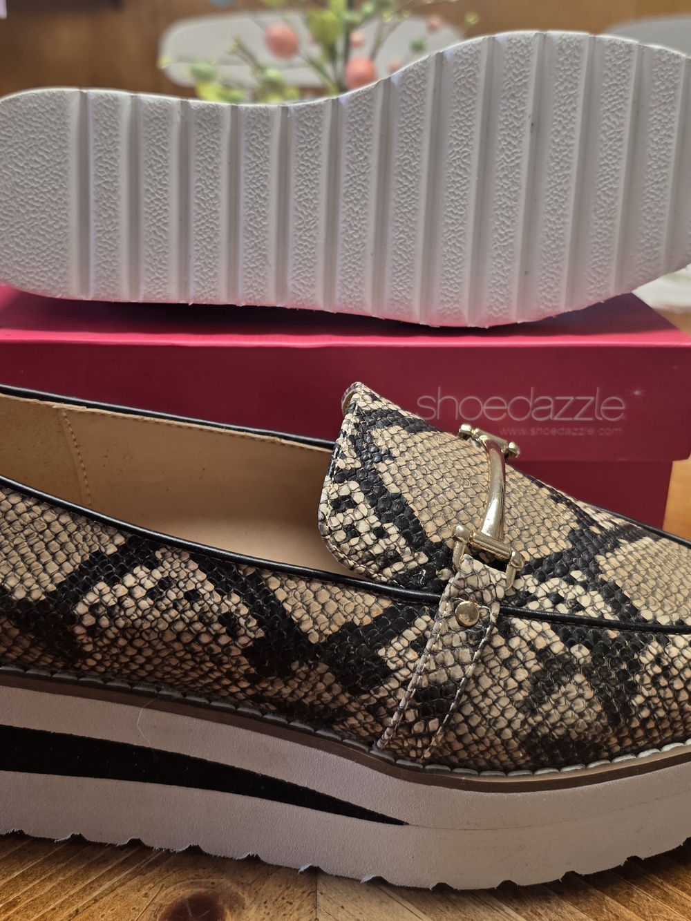 Shoe Dazzle Women's Snake Print Platform Loafer in Beige and Black